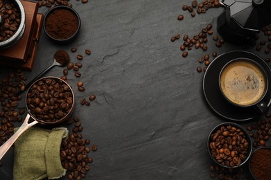 Flat lay composition with coffee grounds and roasted beans on black background, space for text