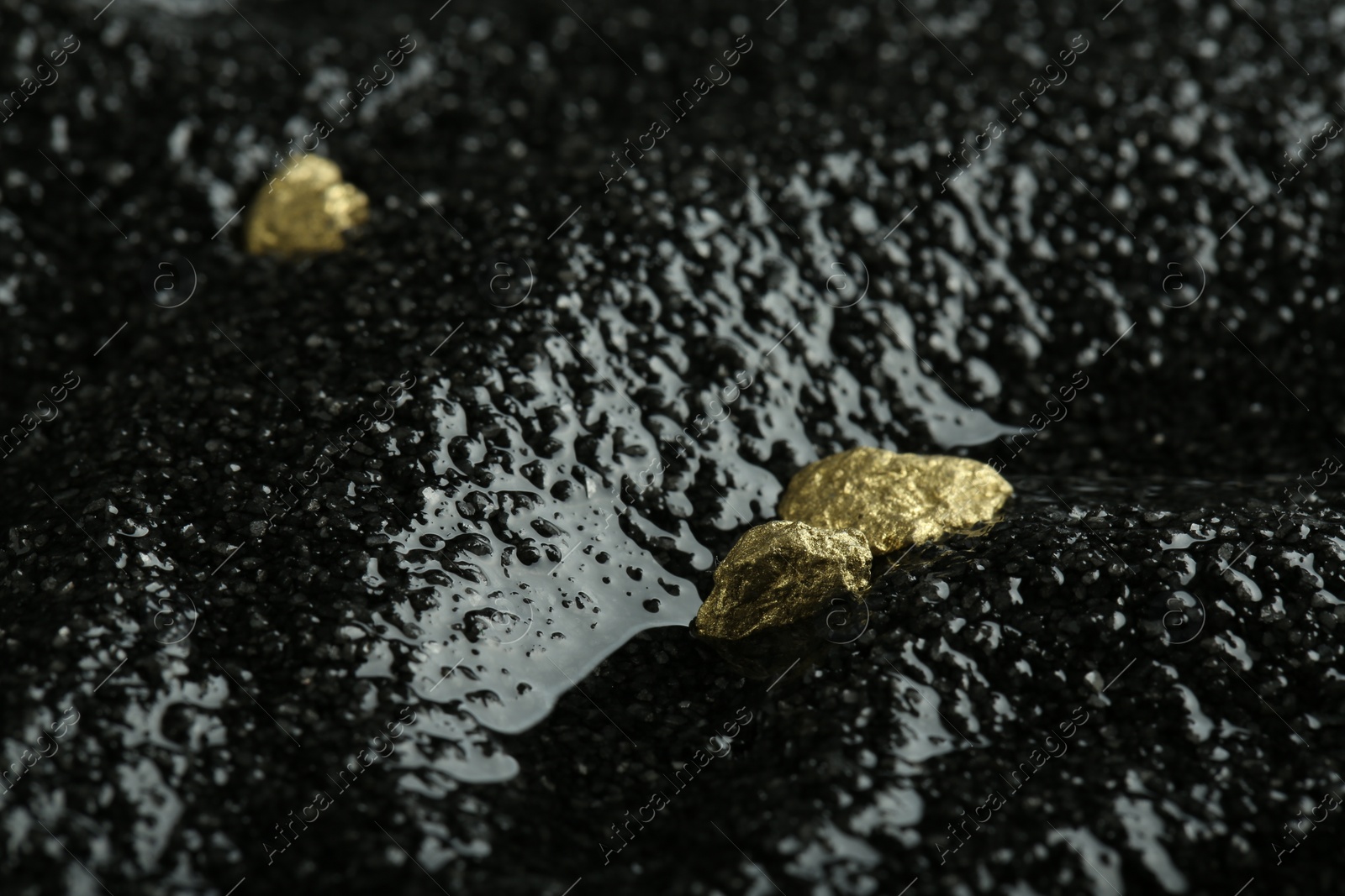 Photo of Shiny gold nuggets on wet black stone, closeup