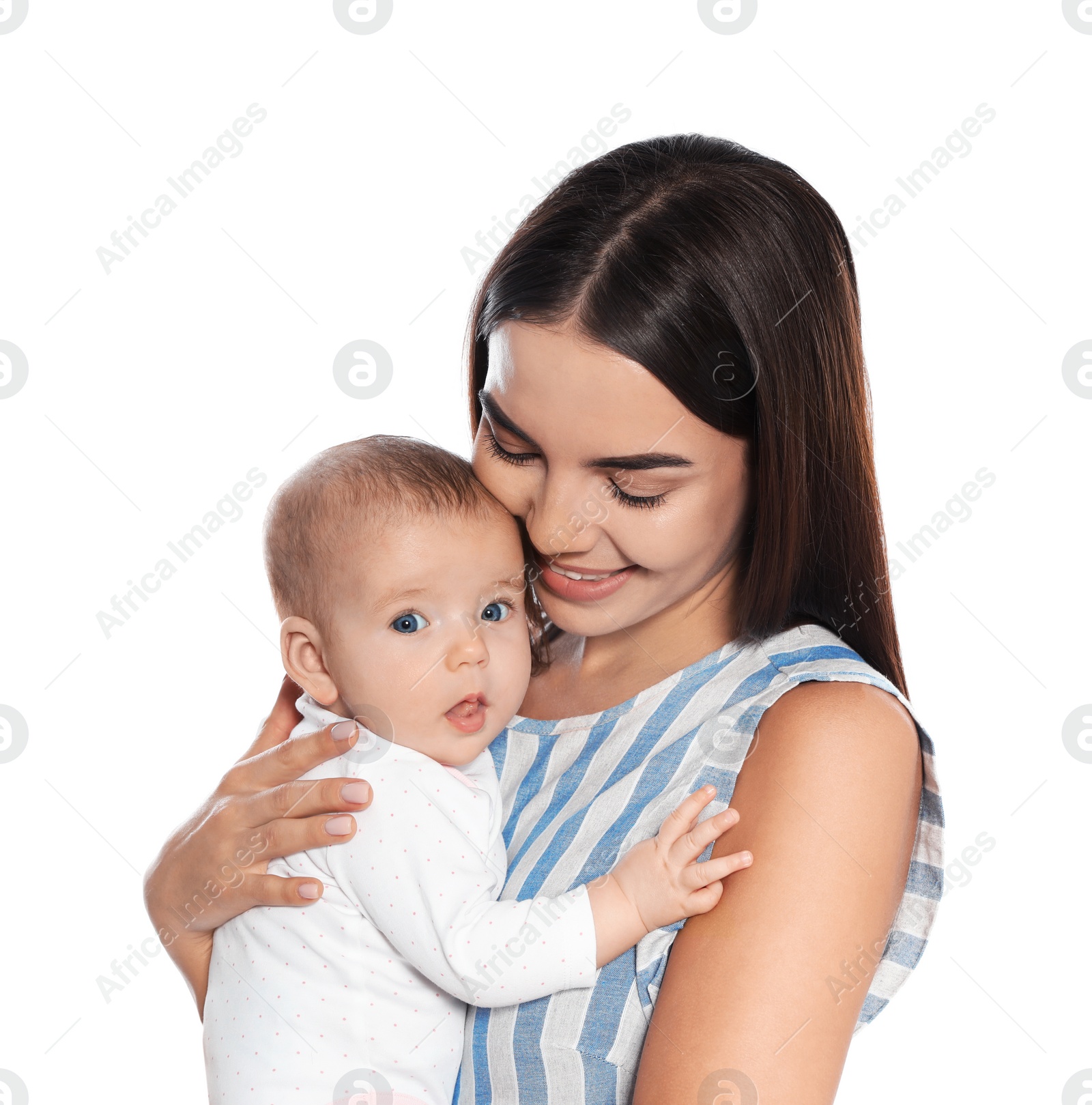 Photo of Portrait of happy mother with her baby isolated on white