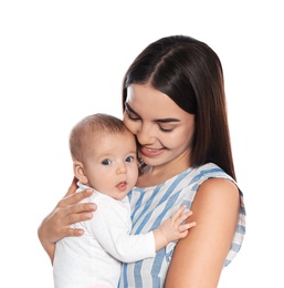 Photo of Portrait of happy mother with her baby isolated on white