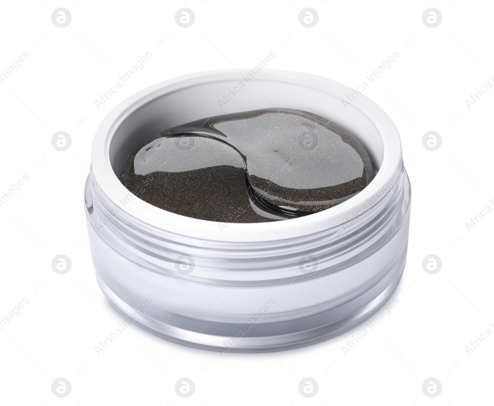 Photo of Under eye patches in jar isolated on white. Cosmetic product