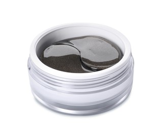 Photo of Under eye patches in jar isolated on white. Cosmetic product