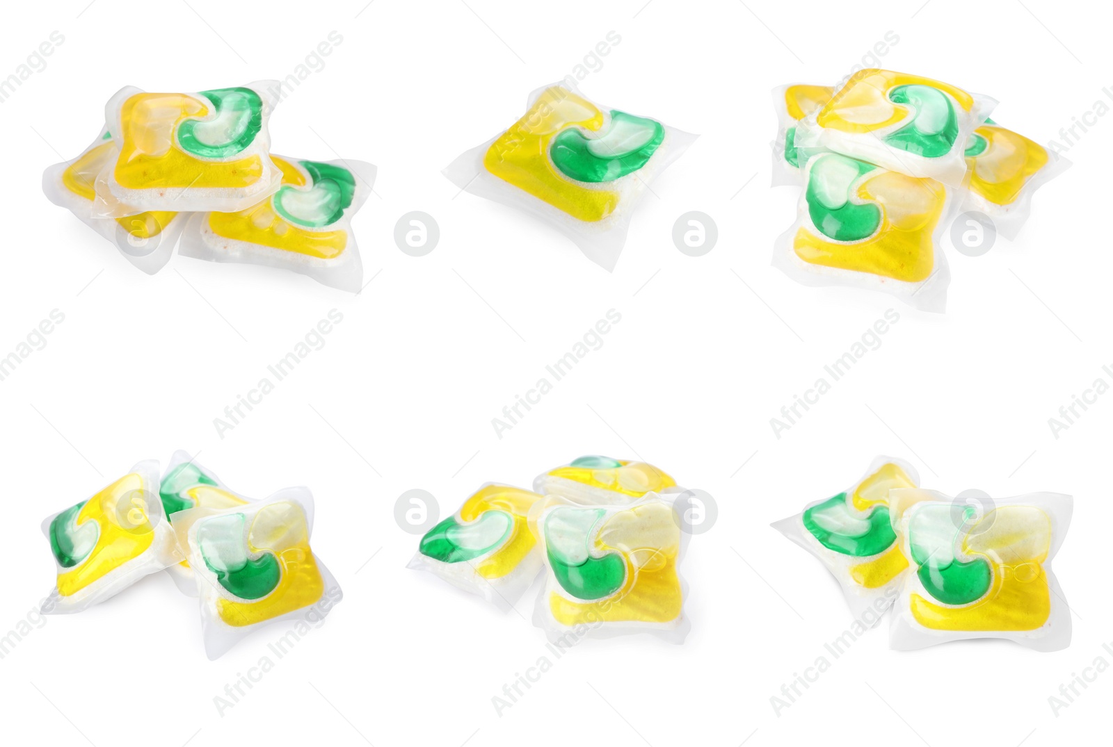 Image of Set with dishwasher detergent gel capsules on white background