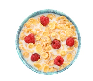 Photo of Bowl with corn flakes, milk and raspberries on white background. Healthy grains and cereals