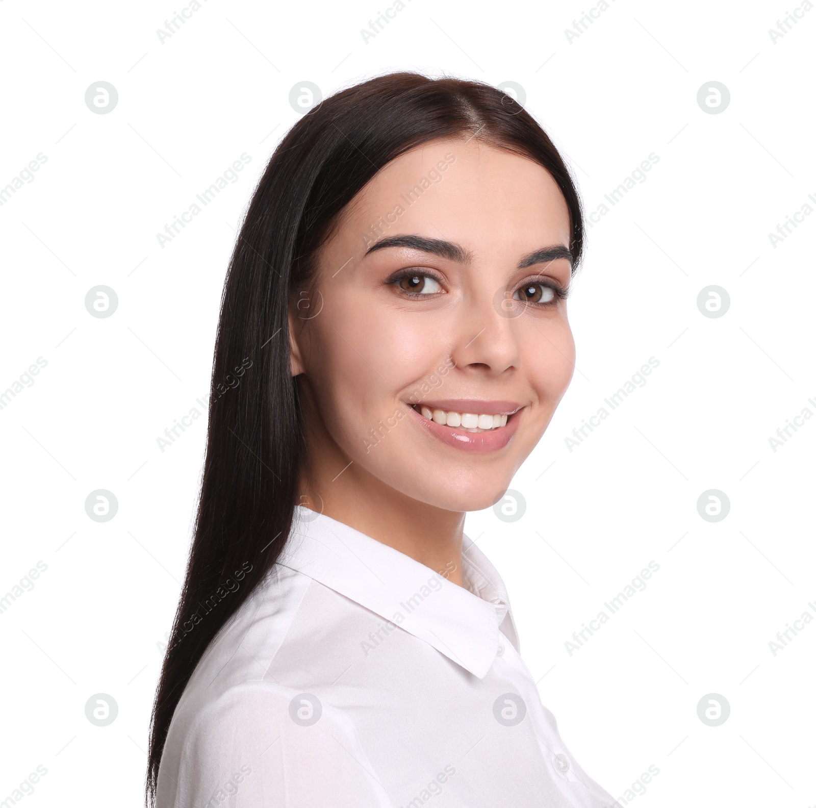 Photo of Portrait of young businesswoman on white background