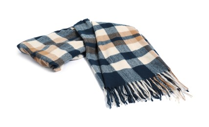 Photo of One beautiful checkered scarf on white background