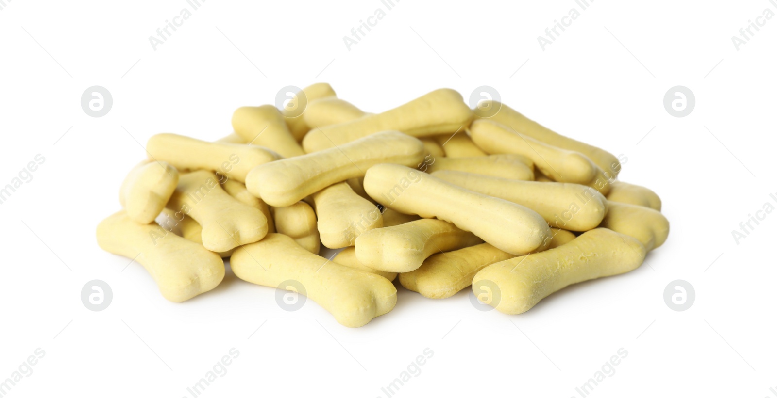 Photo of Bone shaped dog cookies on white background