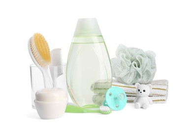 Different skin care products for baby and accessories isolated on white