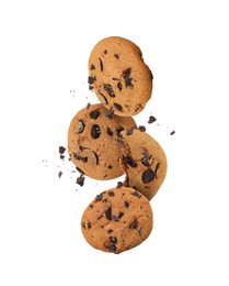 Image of Tasty chocolate chip cookies falling on white background