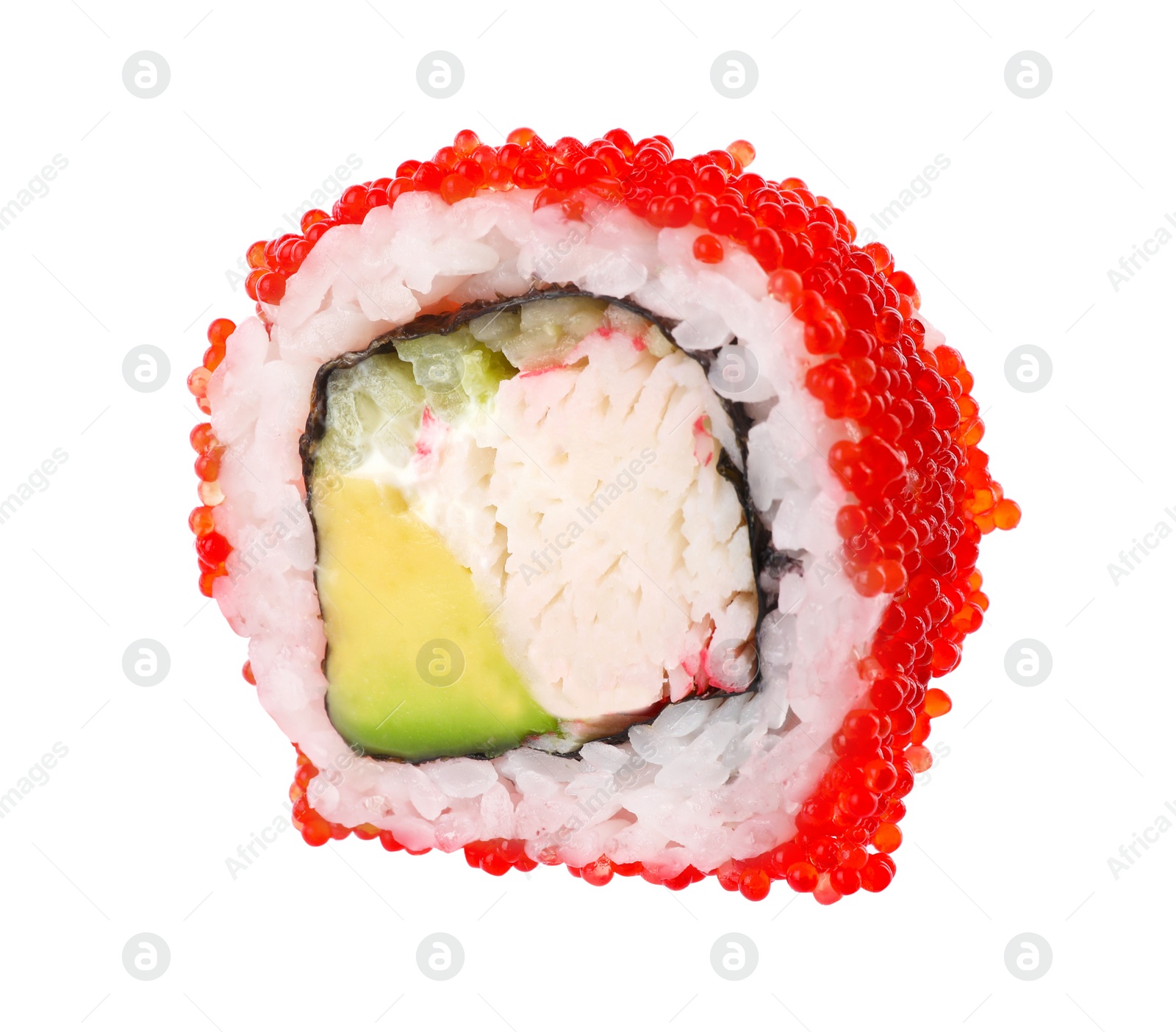 Photo of Delicious sushi roll with tobiko caviar isolated on white