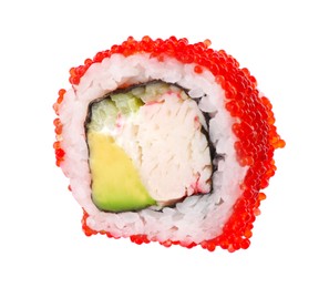 Photo of Delicious sushi roll with tobiko caviar isolated on white