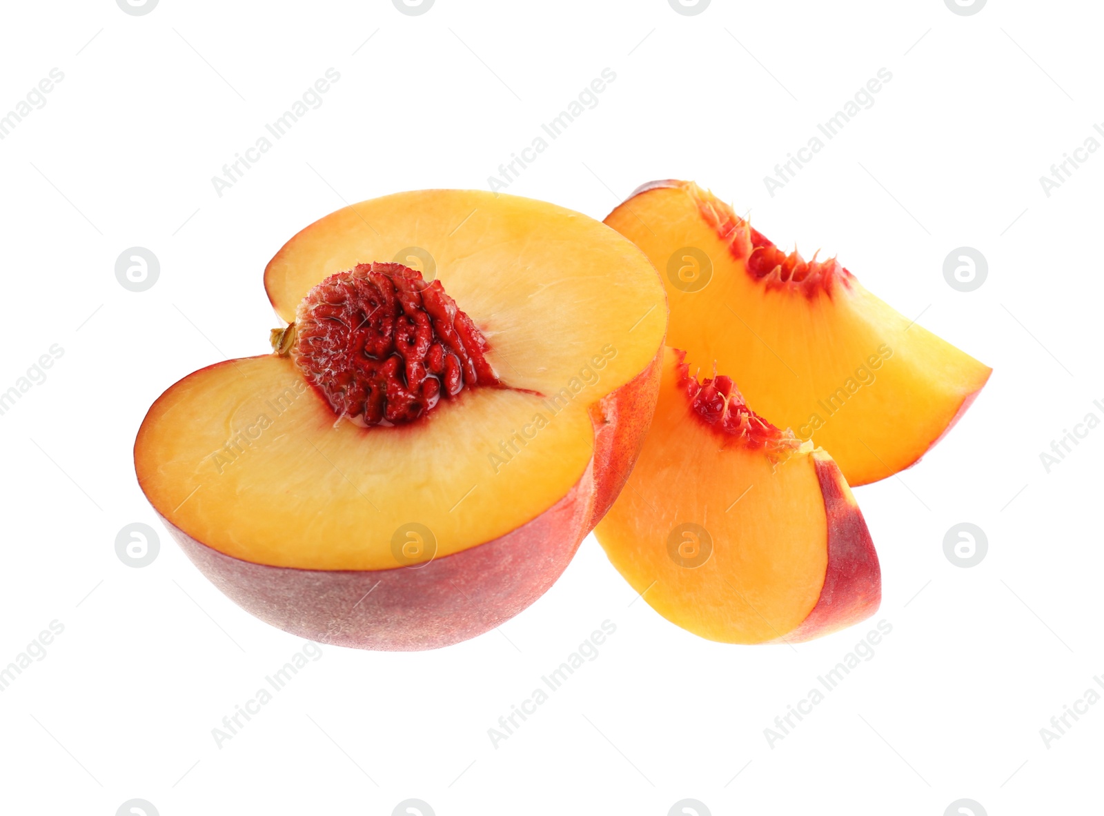 Photo of Cut juicy ripe peach isolated on white