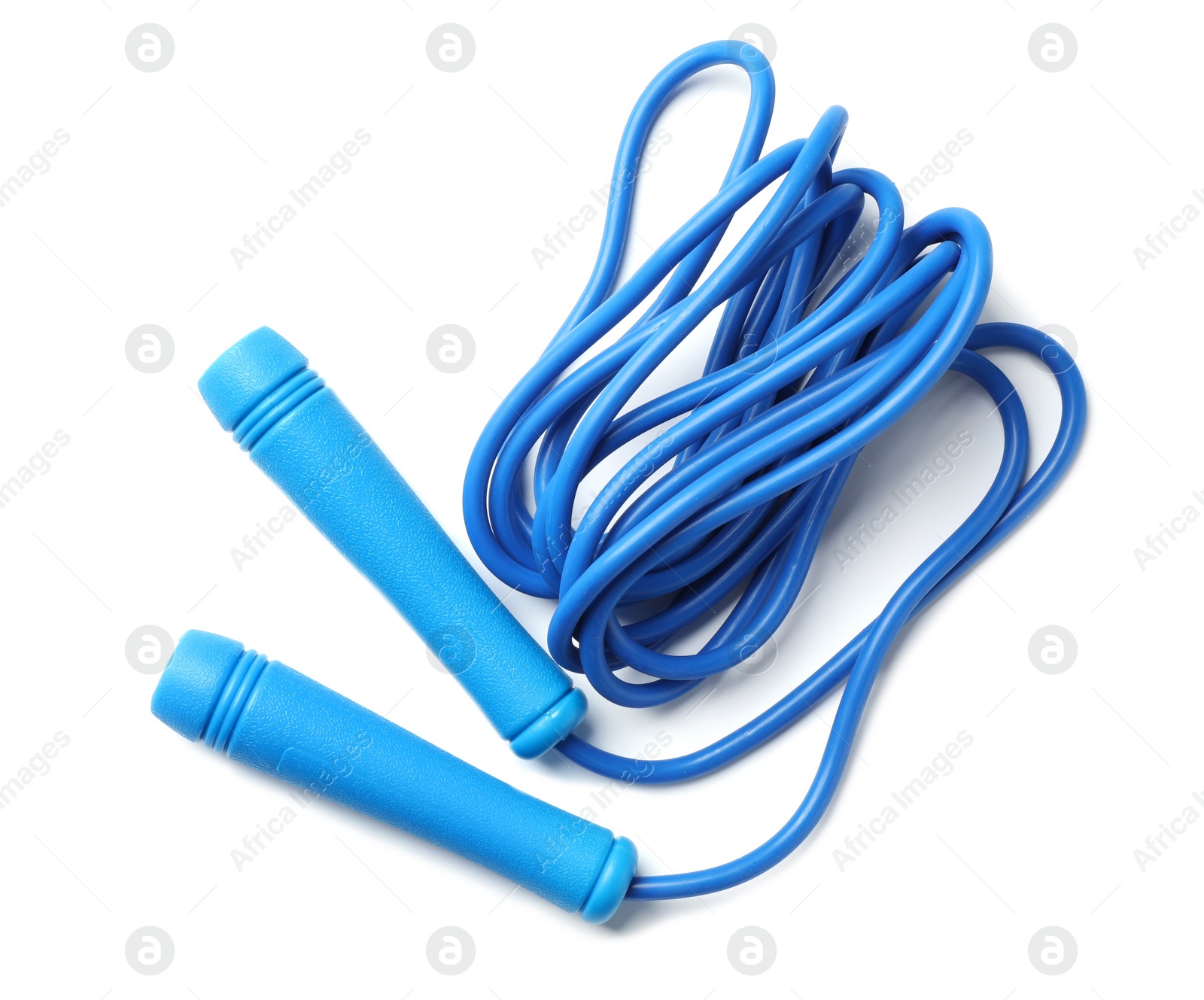 Photo of Jump rope on white background, top view. Sports equipment