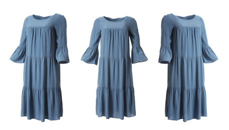 Set of beautiful blue ruffle dresses from different views on white background