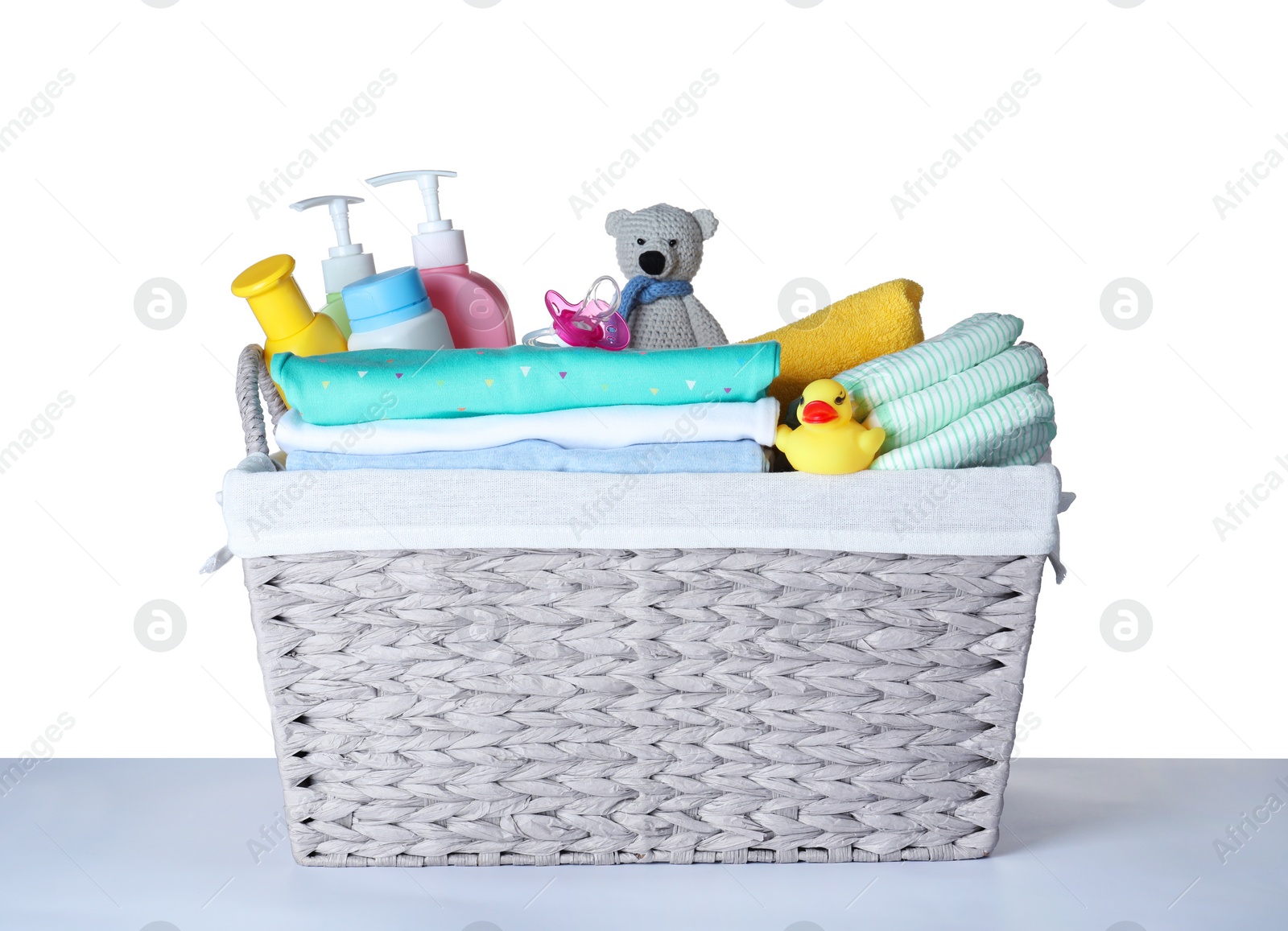 Photo of Set of baby accessories on white background