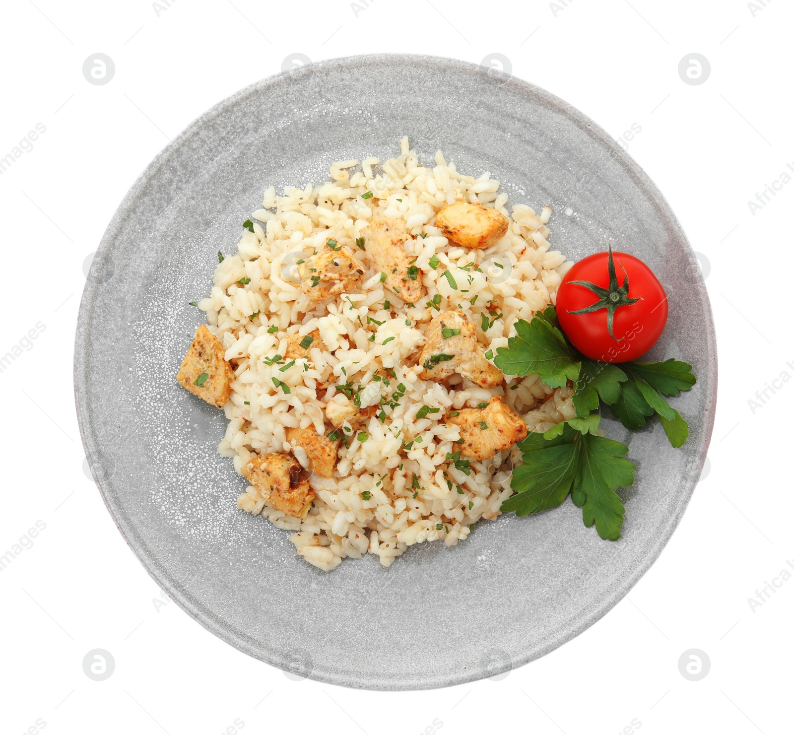 Photo of Delicious risotto with chicken isolated on white, top view