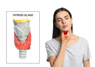 Woman with thyroid gland disease and model of organ on white background