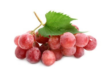 Photo of Cluster of ripe red grapes with green leaf on white background