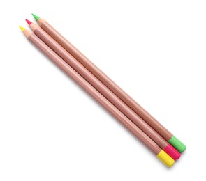 Photo of Colorful pastel pencils isolated on white, top view. Drawing supplies