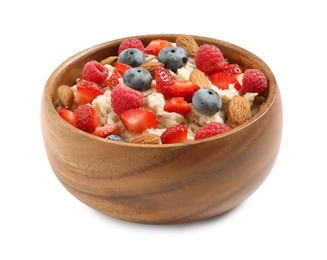 Photo of Tasty oatmeal porridge with berries and almond nuts in bowl on white background