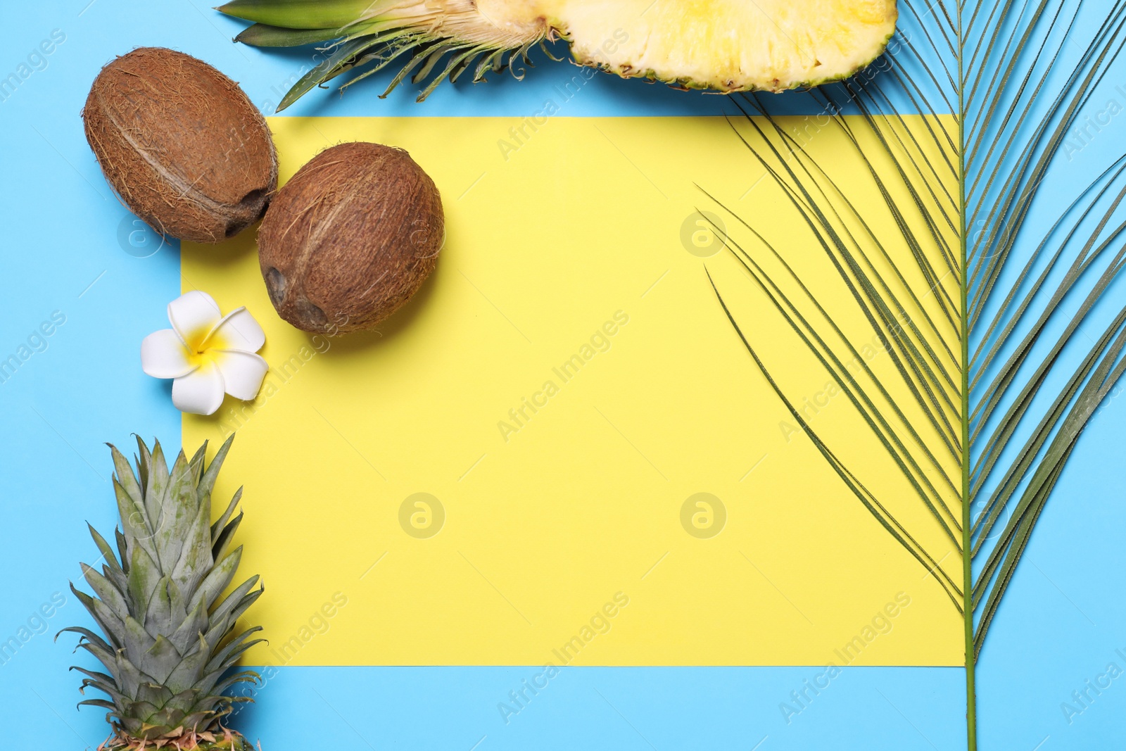 Photo of Flat lay composition with pineapples and coconuts on color background, space for text