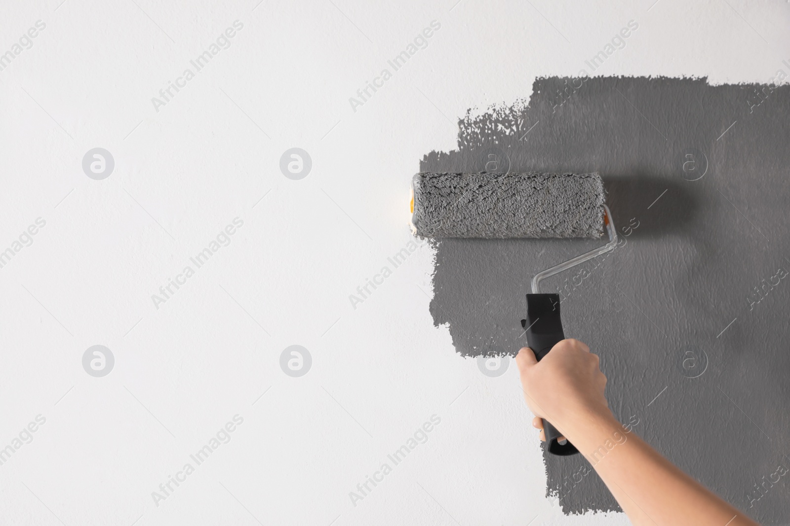 Photo of Woman painting white wall with grey dye, closeup. Space for text