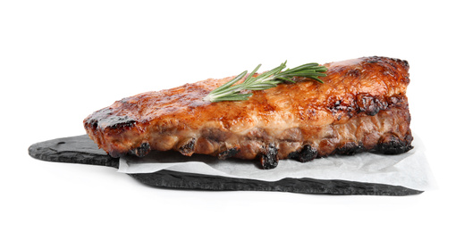 Photo of Tasty grilled ribs with rosemary isolated on white