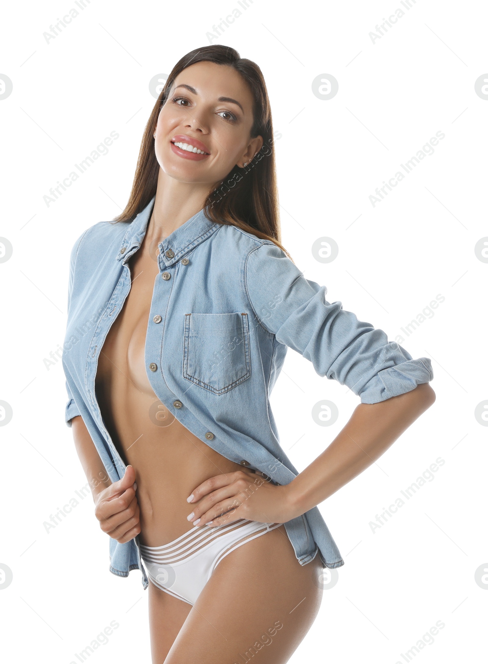 Photo of Sexy woman in panties and shirt on white background