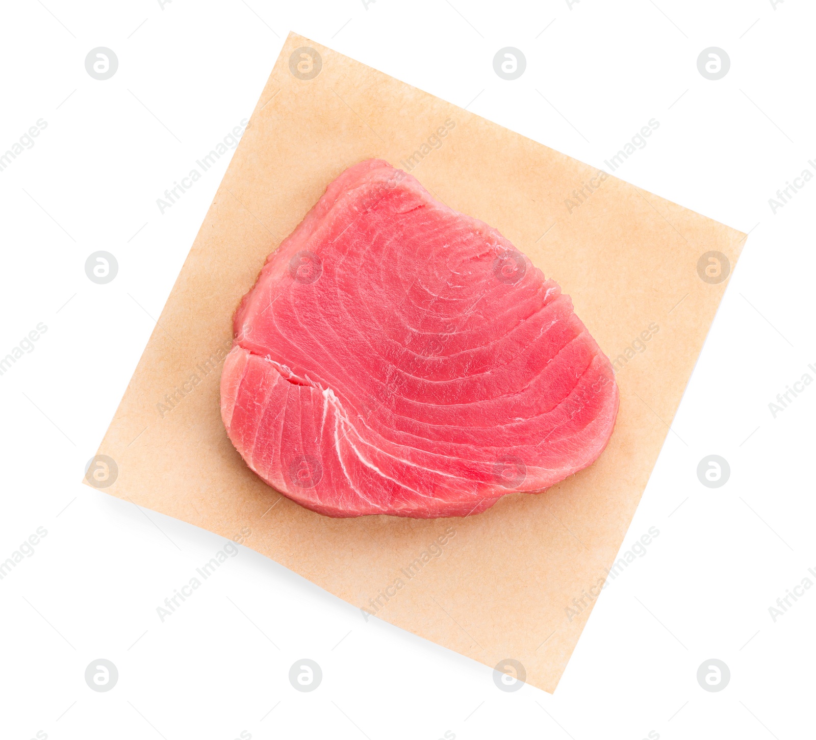 Photo of One raw tuna fillet on white background, top view