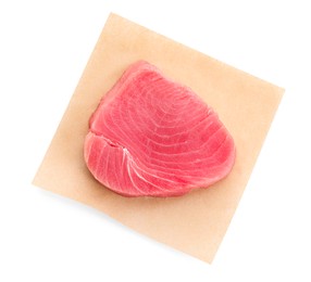 One raw tuna fillet on white background, top view