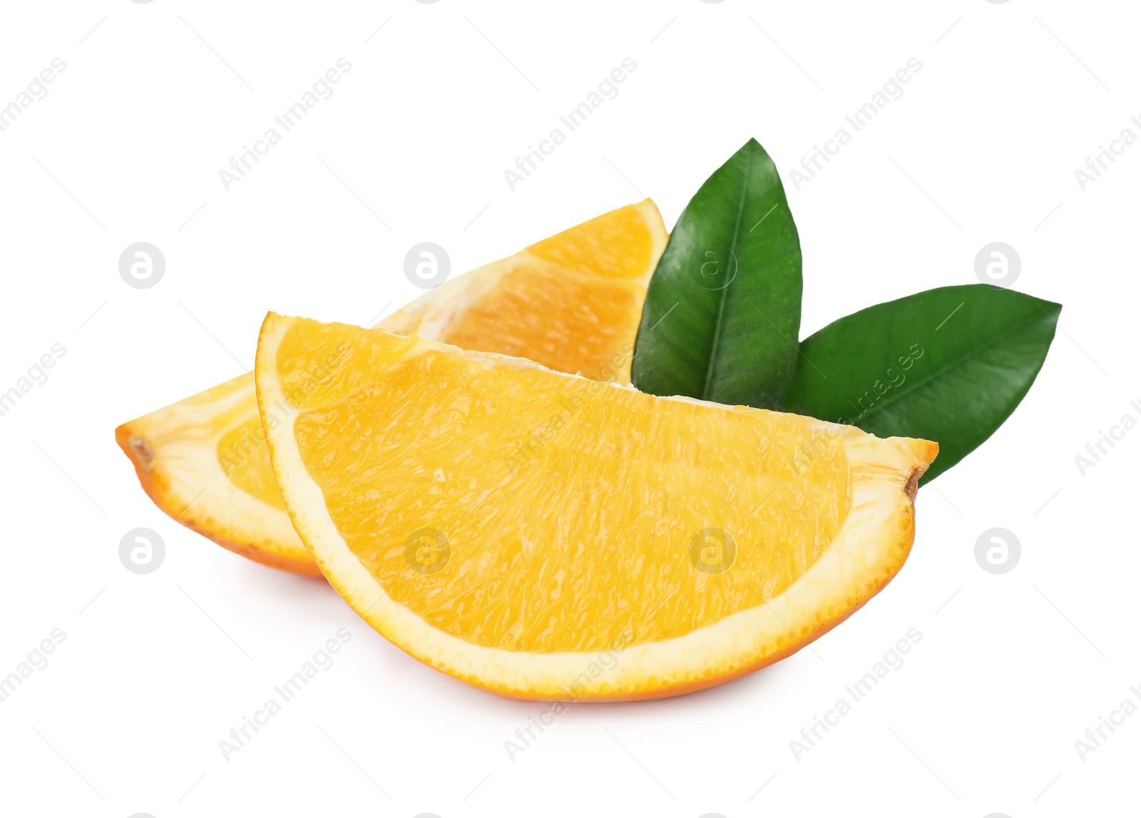 Photo of Fresh orange slices with leaves isolated on white