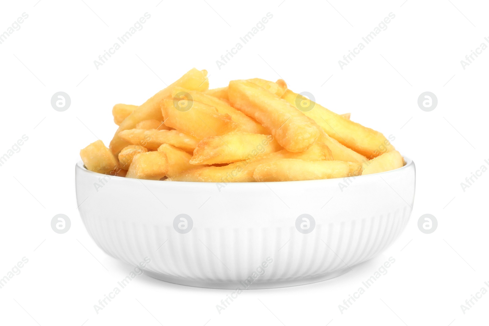 Photo of Bowl with delicious french fries on white background