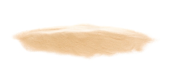 Photo of Heap of dry beach sand on white background