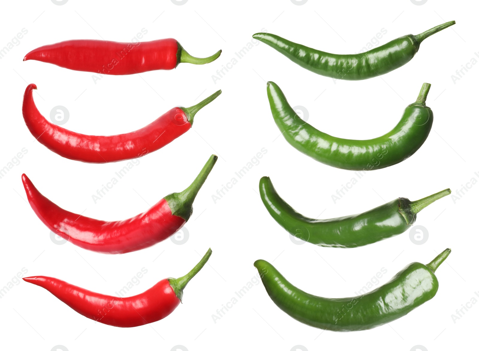 Image of Set with red and green hot chili peppers on white background