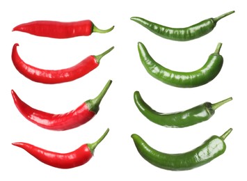 Set with red and green hot chili peppers on white background