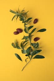 Photo of Fresh olives and green leaves on yellow background, flat lay