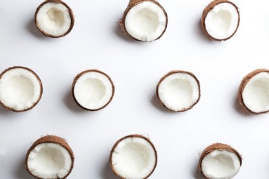 Photo of Coconut pattern on white background, top view