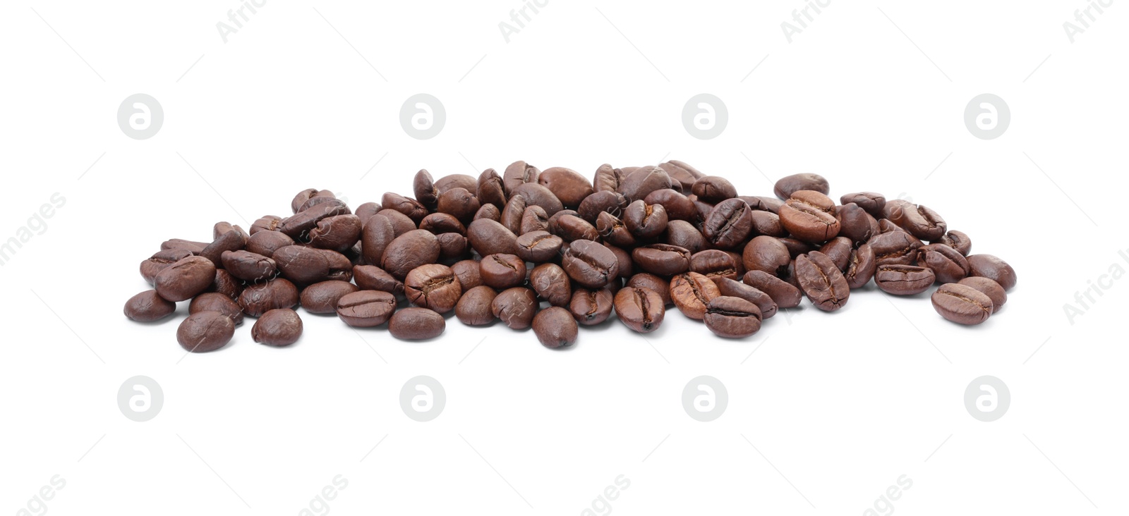 Photo of Many aromatic roasted coffee beans isolated on white