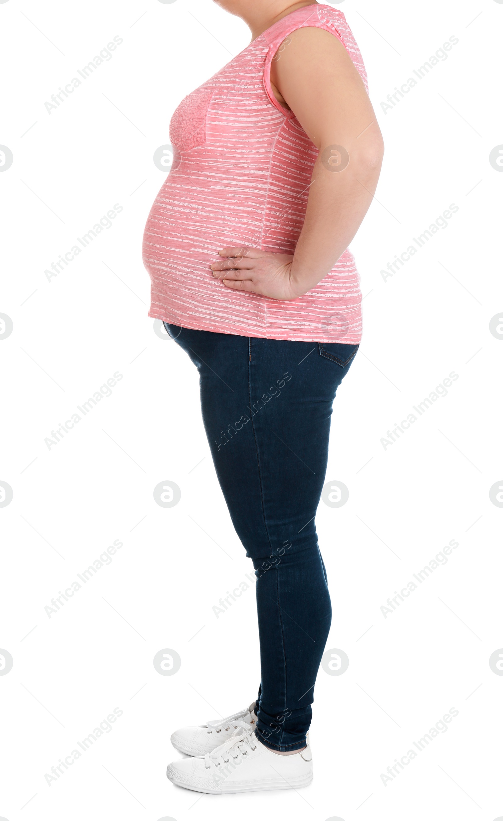 Photo of Overweight woman on white background, closeup. Weight loss