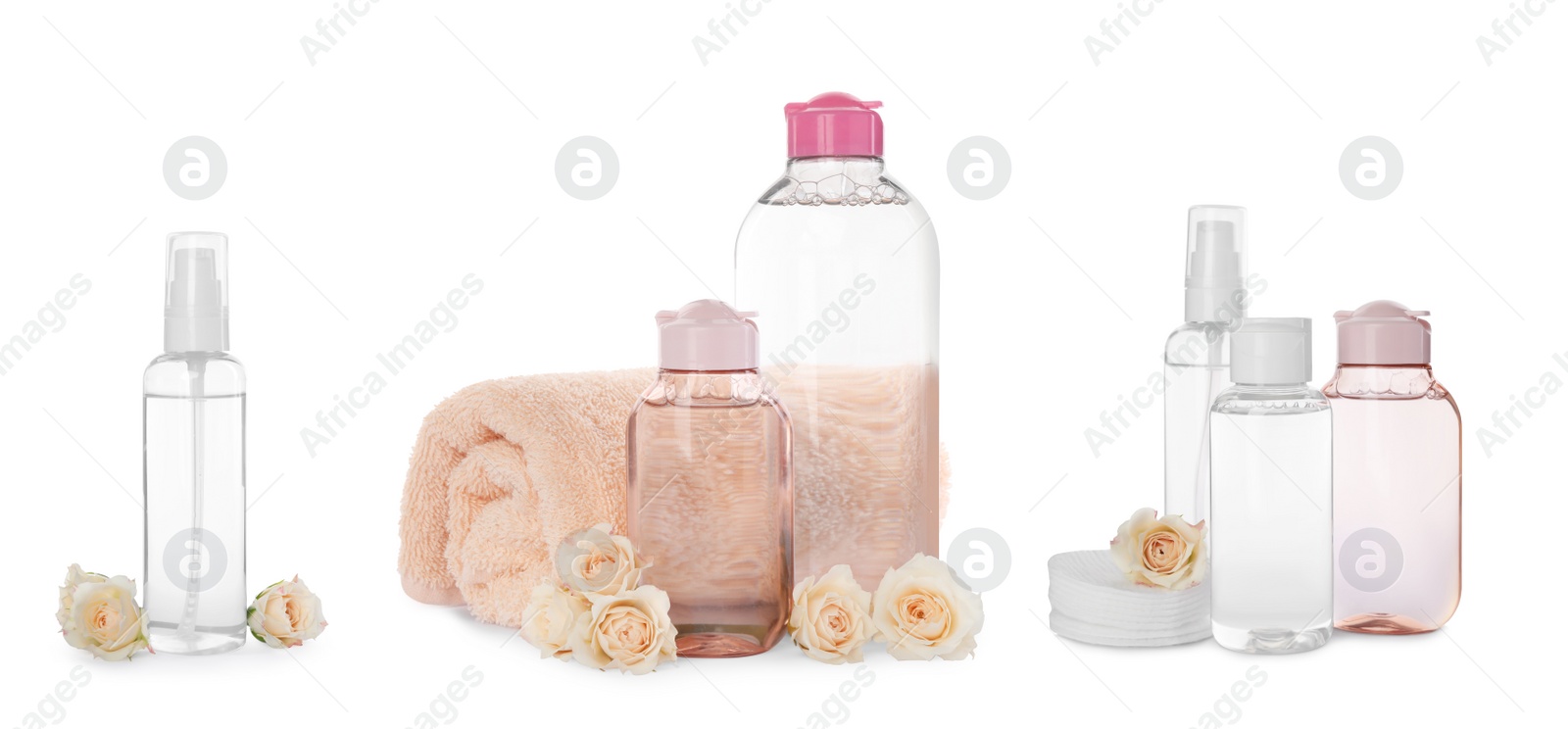 Image of Set with bottles of micellar cleansing water on white background