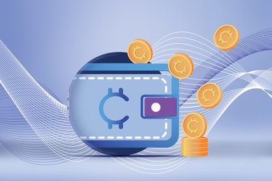 Illustration of Wallet sticking out of hole and cryptocurrency coins on light blue background, illustration