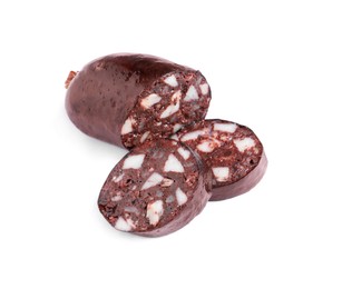 Cut tasty blood sausage on white background