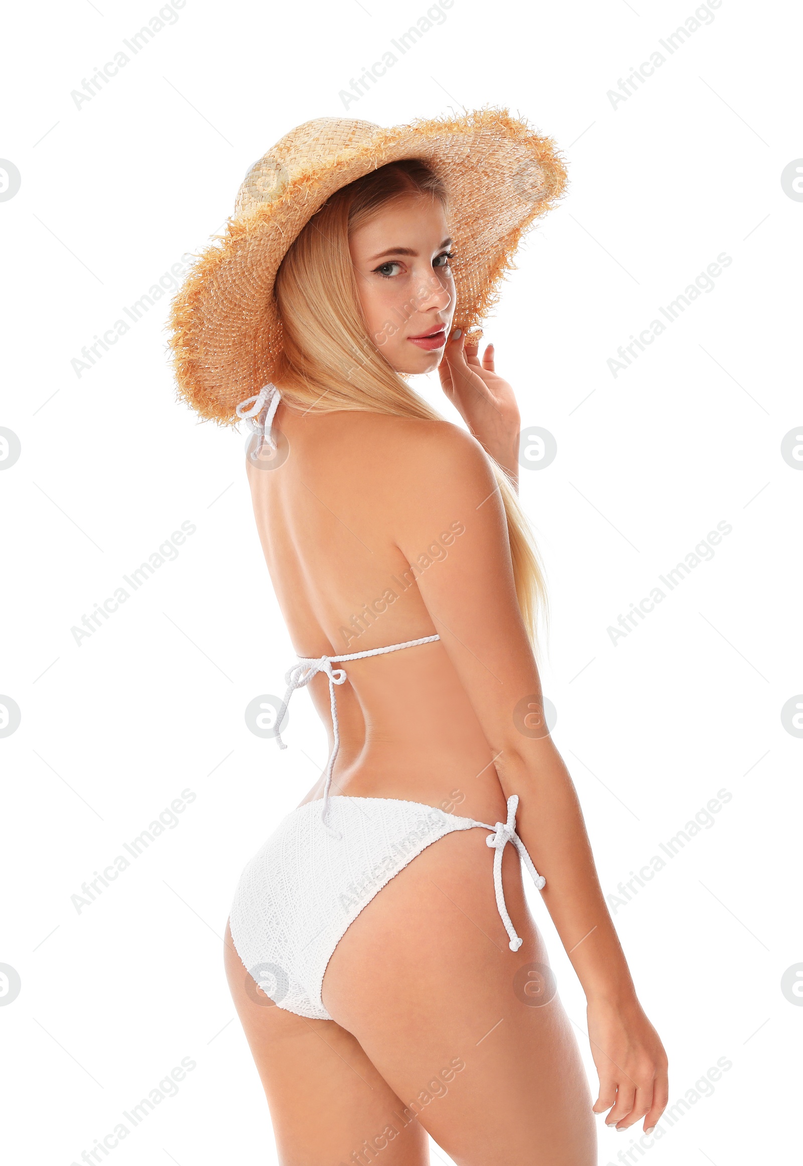 Photo of Pretty young woman wearing stylish bikini on white background