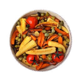 Photo of Tasty roasted baby corn with tomatoes and capers isolated on white, top view