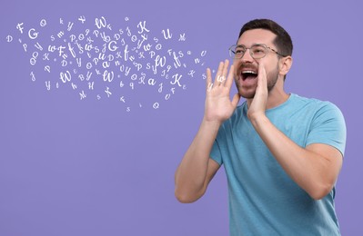 Image of Man shouting something on violet background. Letters flying out of his mouth