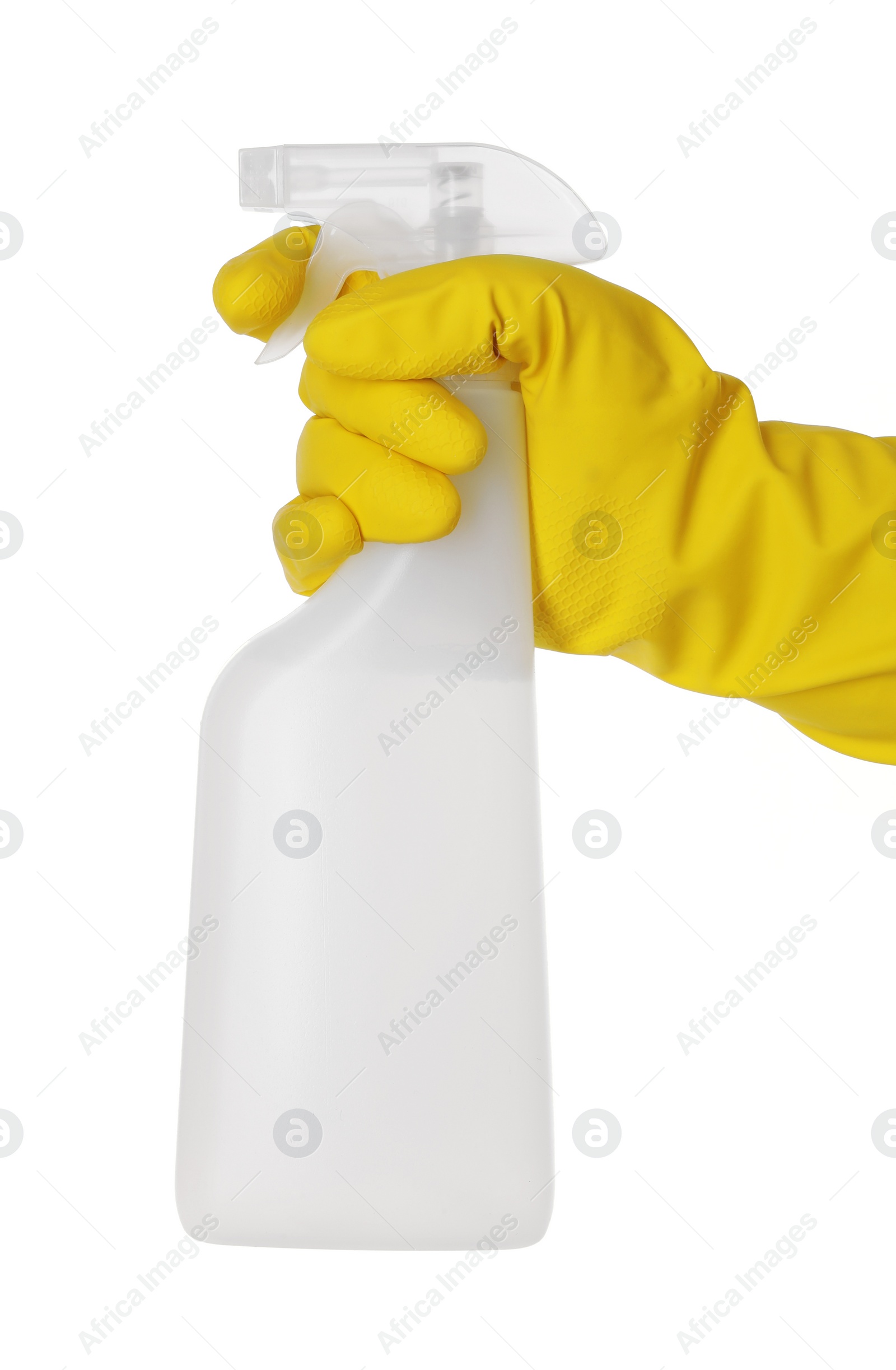 Photo of Woman holding plastic spray bottle with liquid isolated on white, closeup