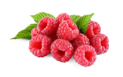 Many fresh ripe raspberries and green leaves isolated on white