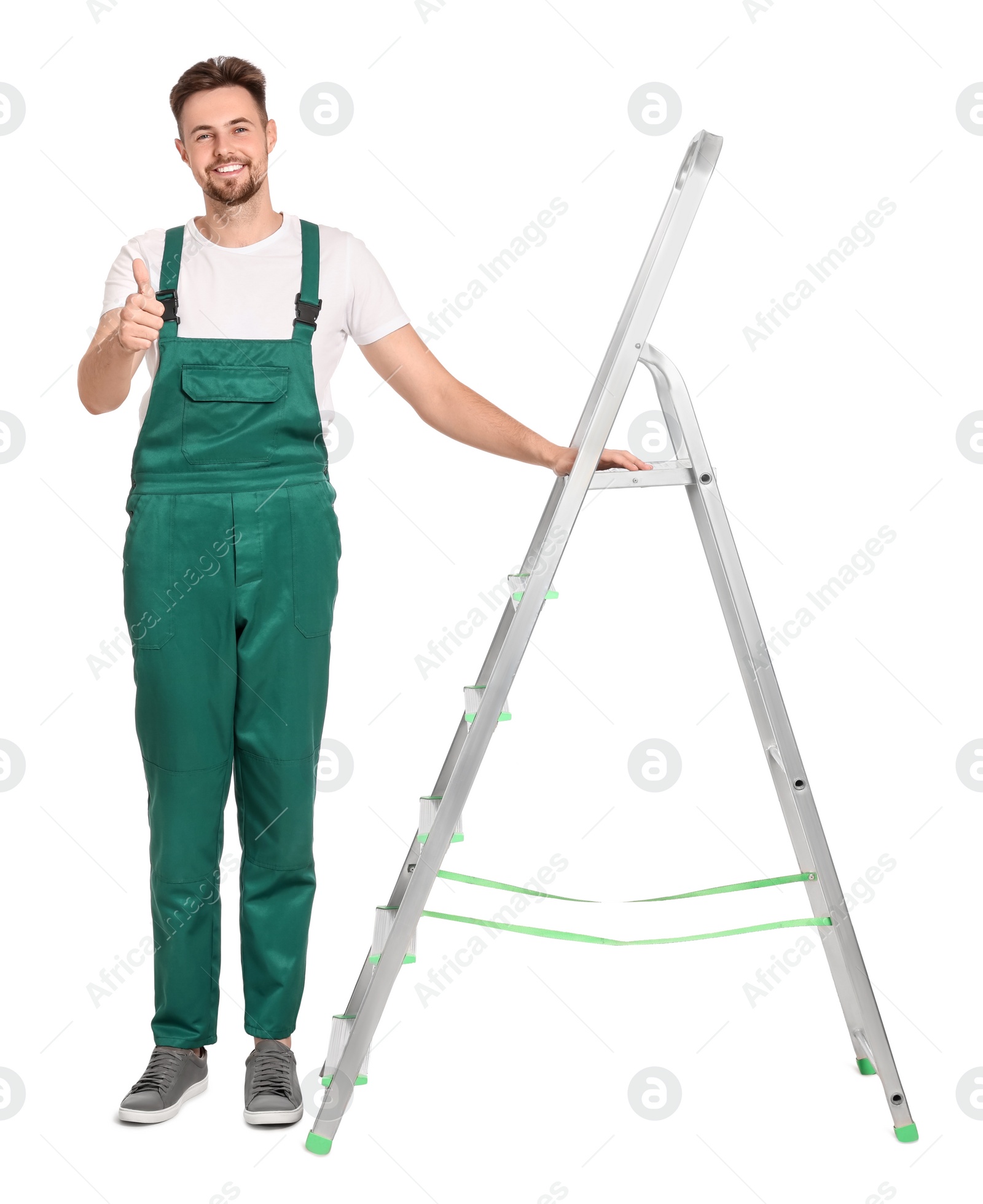 Photo of Worker in uniform near metal ladder on white background