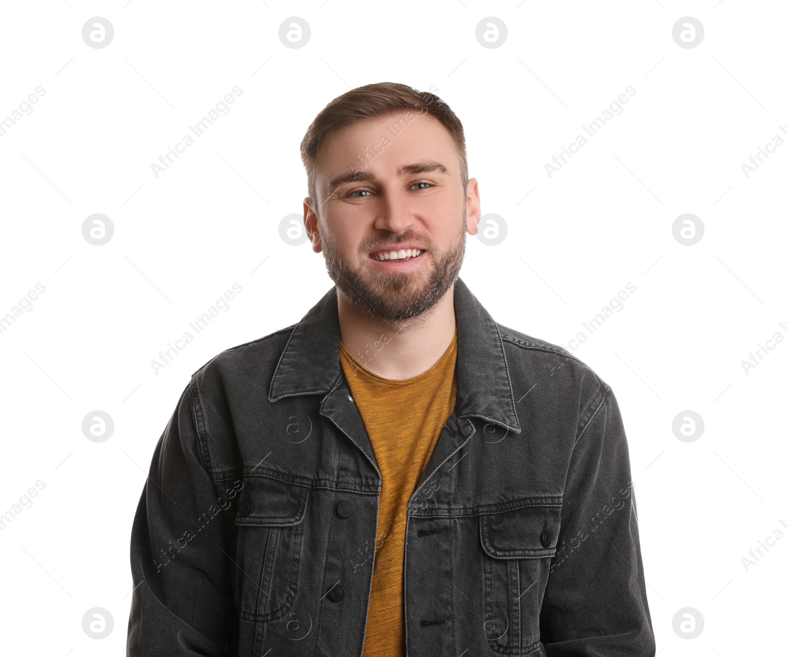 Photo of Portrait of happy young man on white background. Personality concept