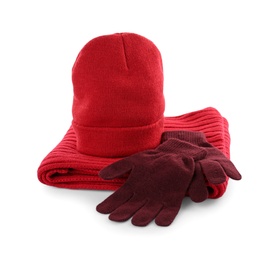 Photo of Woolen gloves, hat and scarf on white background. Winter clothes